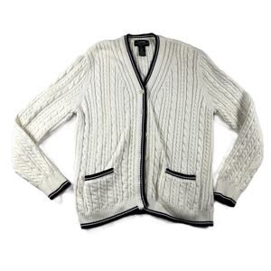 Lauren Ralph Lauren contrast-trim, V-neck, Petite, white cable-knit cardigan